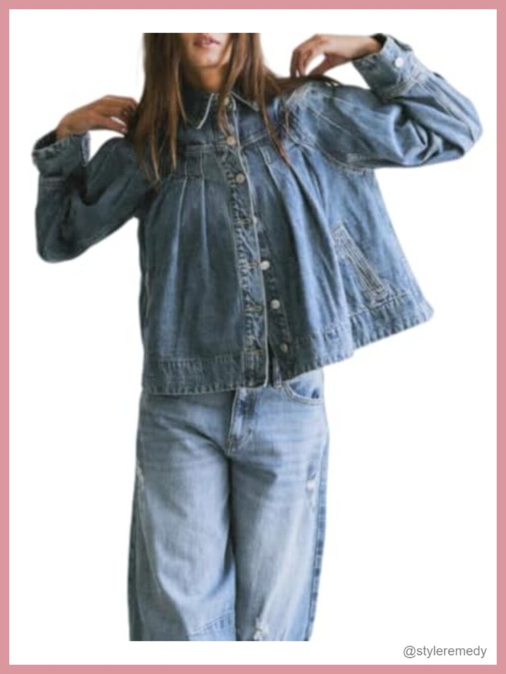 Cropped Denim Jacket Long Sleeve Collared Button Down Pleated Jean Jacket Womens